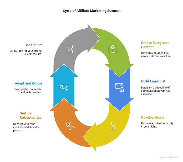 Affiliate Marketing Success Cycle: Be Patient, Adapt, Nurture, Develop, Build, Create.